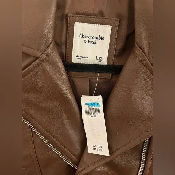 NWT Abercrombie & Fitch Vegan Leather Moto Jacket in Dark Brown - Picture 7 of 9
